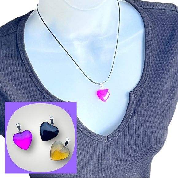 Hand Crafted Jewelry - Lot/3 Vibrant Heart Pendants w/Black Necklace Set